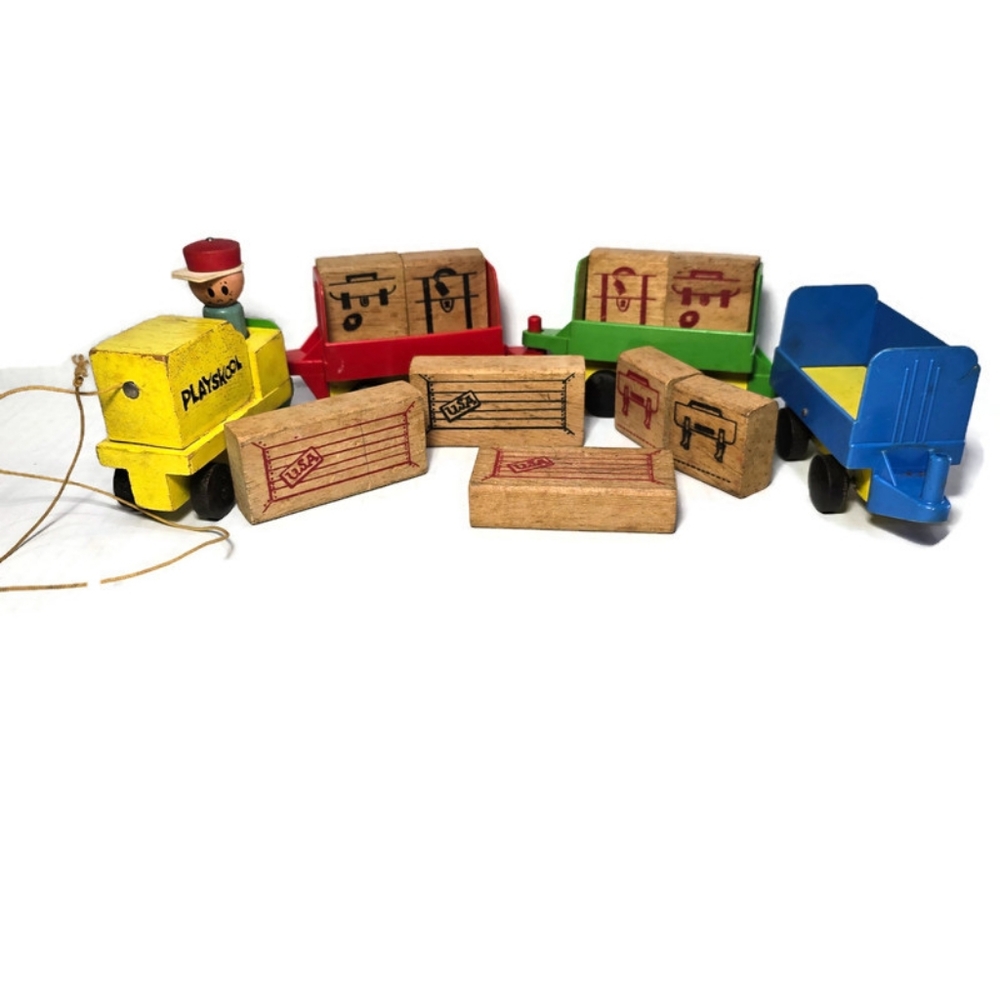 Vintage 1960s Playskool Airport Baggage Train Toy Complete,